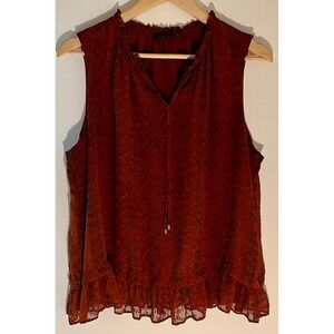 Apt. 9 Womens XL Sleeveless‎ Ruffle Tie Neck Blouse Top Brown Geometric
